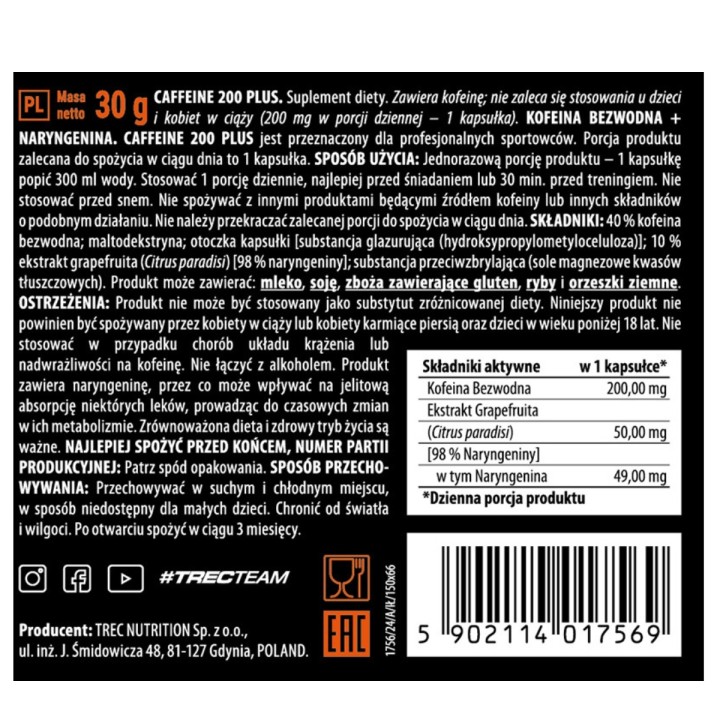 Trec Caffeine 200 Plus 60 kapsułek | Kofeina w kapsułkach