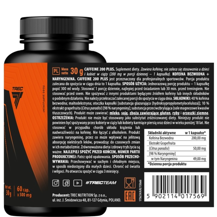 Trec Caffeine 200 Plus 60 kapsułek | Kofeina w kapsułkach